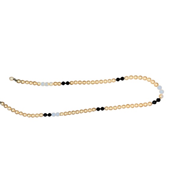 Trifari T Logo Champagne Faux Glass Pearl and Faceted Black Bead Necklace 1960s - Picture 3 of 9